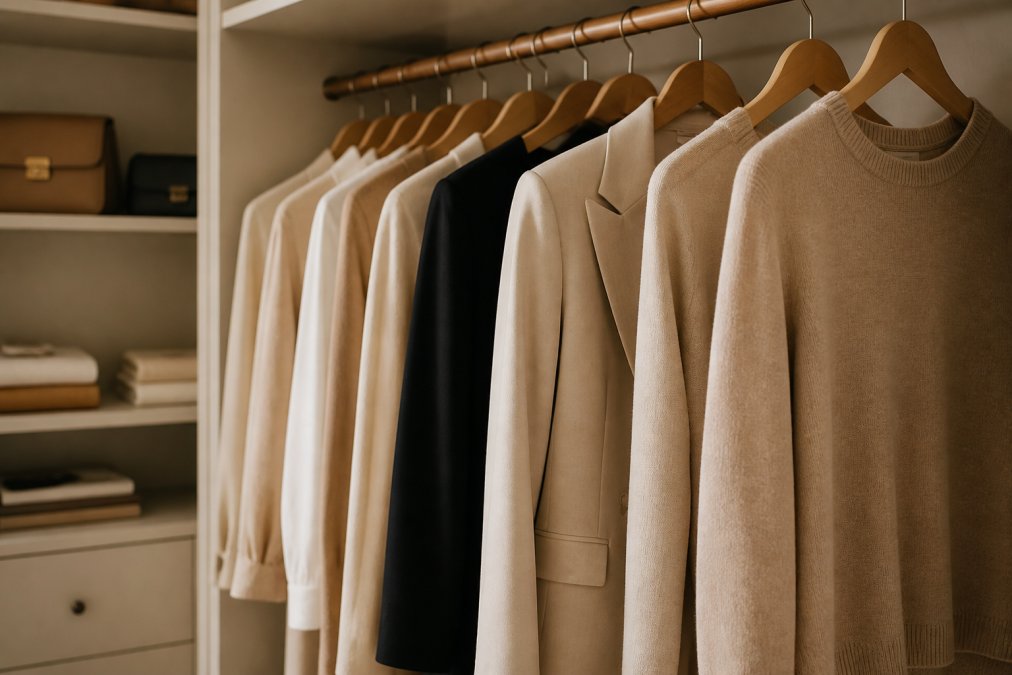 A neatly organized closet with a neutral color palette of beige, cream, and black garments hanging on wooden hangers, with a cashmere sweater and tailored blazer visible