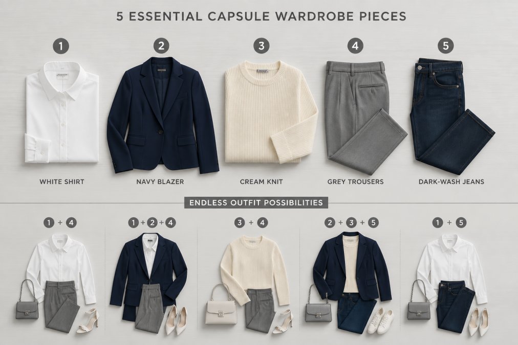 Flat lay of neutral-coloured clothing basics arranged neatly on a light wooden surface: crisp white shirt, navy blazer, cream knit sweater, tailored grey trousers, and classic dark-wash jeans, showing how these foundational pieces coordinate seamlessly