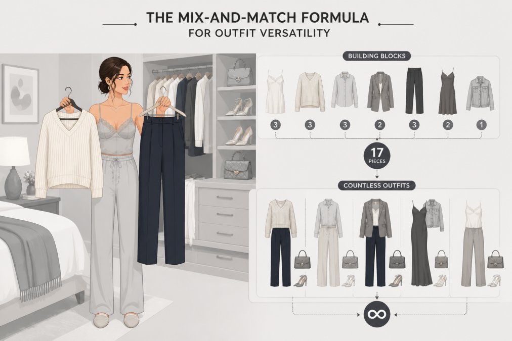 Woman in a modern bedroom getting dressed, holding up two coordinated neutral pieces, a cream knit and navy trousers, showing how she's selecting from a curated collection of basics and investment pieces that layer together, with additional neutral and neutral-toned items visible in the background