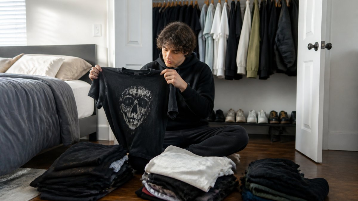Young adult sitting on a bedroom floor sorting streetwear clothes into piles during a closet audit