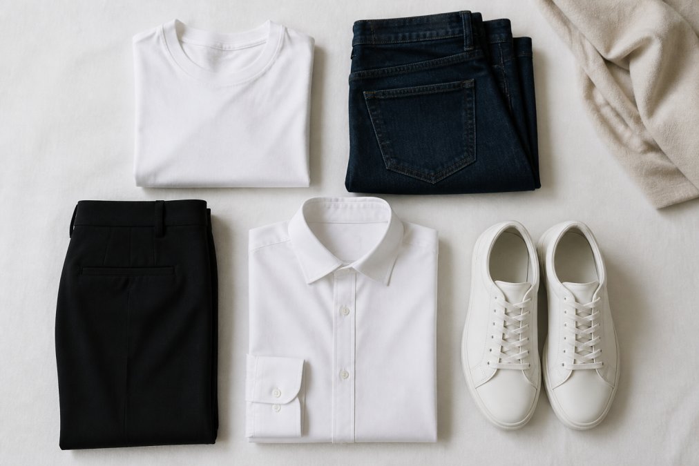 Flat lay of neatly folded neutral-colored wardrobe essentials arranged on a clean white surface: a white crew-neck tee, classic dark denim jeans, black slim trousers, a crisp white button-down shirt, and a pair of minimal white leather sneakers, shot in soft natural light from above
