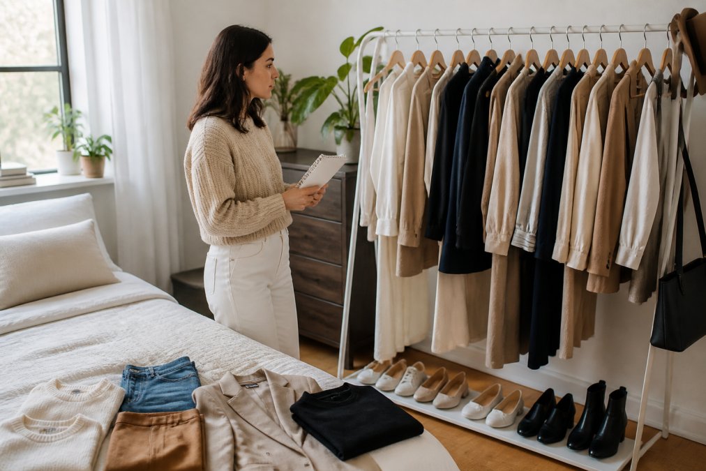 Woman in her 30s checking a capsule wardrobe checklist near a rack of organized neutral-toned clothing.
