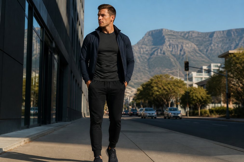 A young man in dark athletic joggers, a fitted long-sleeve performance top in charcoal, and a structured navy zip-up jacket standing confidently on a city sidewalk, with a mountain ridge faintly visible in the background, shot in warm afternoon light