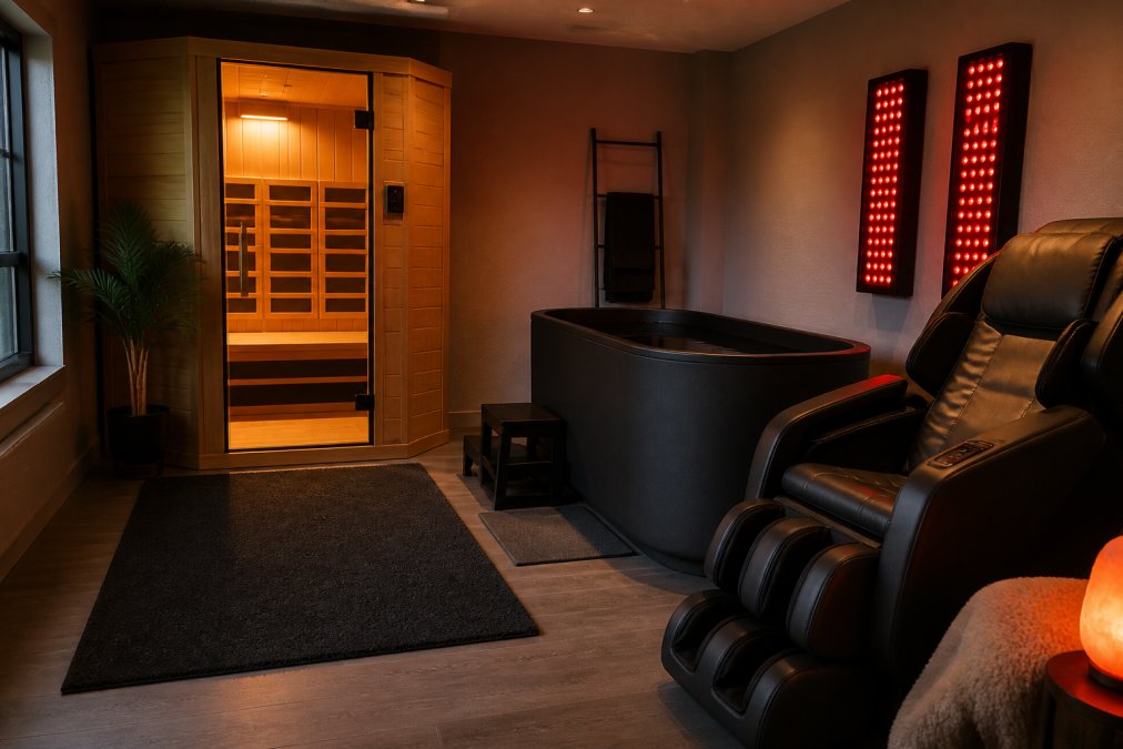 Modern home recovery room with an infrared sauna, cold plunge tub, massage chair, and wall-mounted red light panels