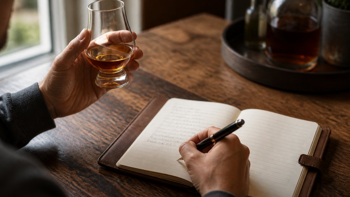Step-by-step infographic showing how to record notes in a whiskey tasting journal while examining a glass of spirits.