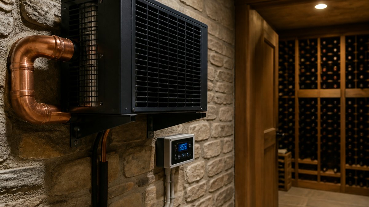 Professional wine cellar cooling unit mounted on stone wall with copper ducting and digital temperature-humidity display panel visible