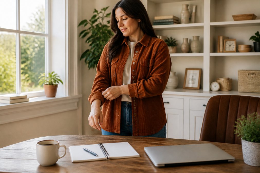 A woman in a rust-colored corduroy shacket over a simple top, standing in her bright home office adjusting the cuffs before a video call