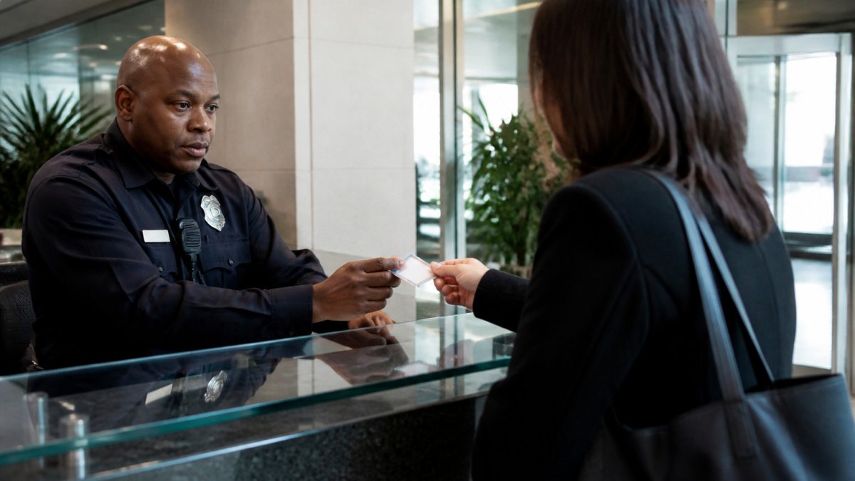Security officer checking a visitor's ID badge at a modern lobby reception desk to manage building access control.