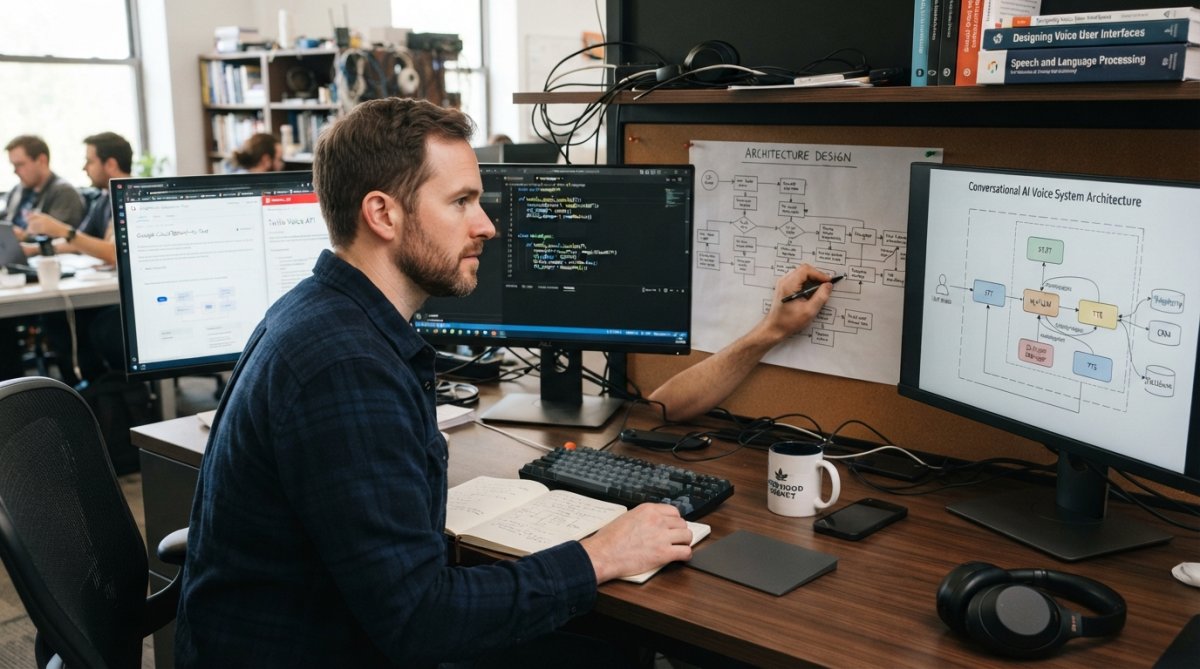Software engineer designing voice AI architecture on whiteboard with API diagrams, microservices flow, and latency annotations visible on modern office wall