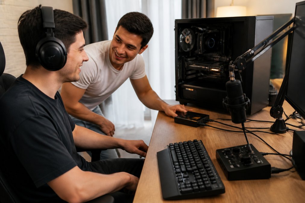 Professional streaming desk setup with two monitors, a capture card visible on the desk, audio interface, and peripherals arranged for dual PC streaming