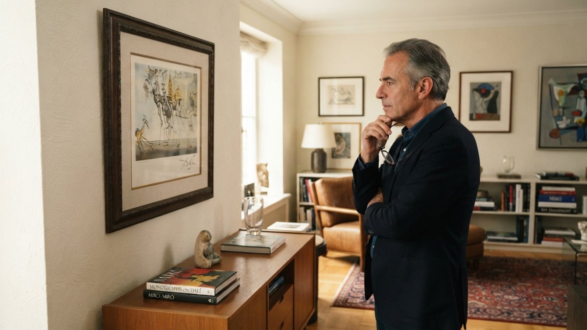 Art collector studying a framed lithograph in a softly lit living room