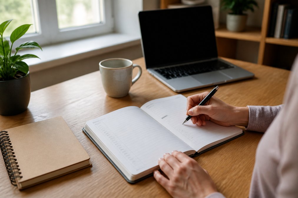 A person sitting at a clean wooden desk writing in an open paper planner next to a laptop and a ceramic mug of coffee, soft natural daylight streaming through a nearby window