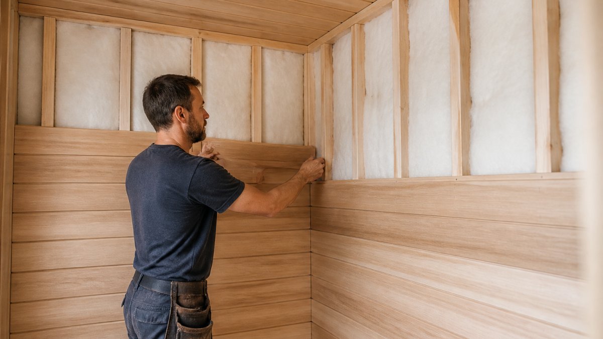 Diagram showing the installation process of insulation and hemlock wood cladding for a home sauna frame