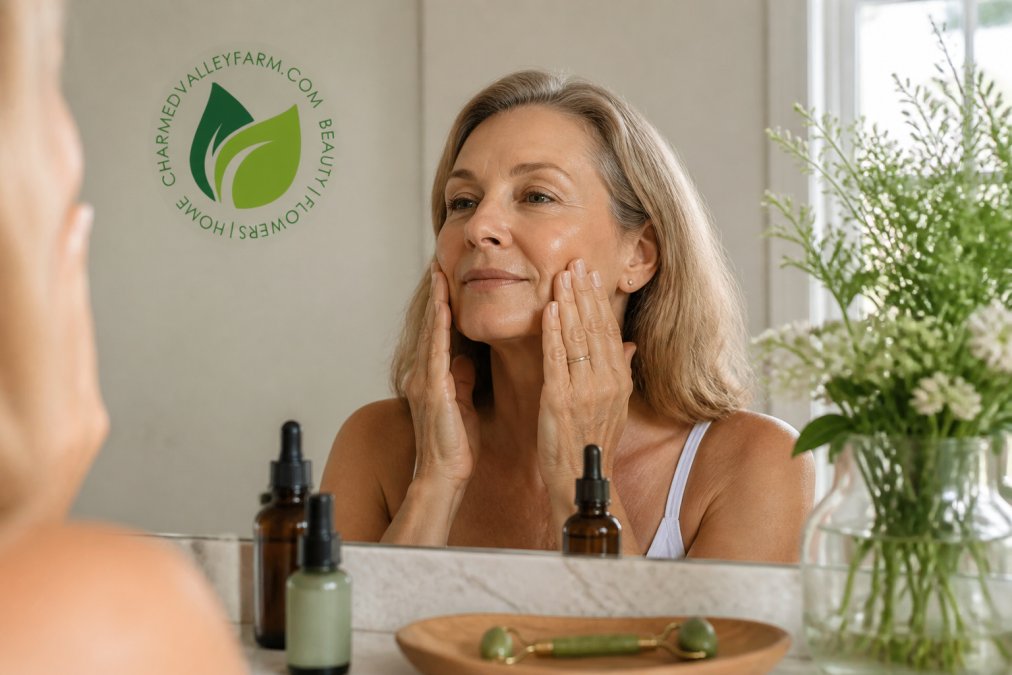 Woman in her 50s massaging organic anti-aging facial oil into her skin with a jade roller nearby