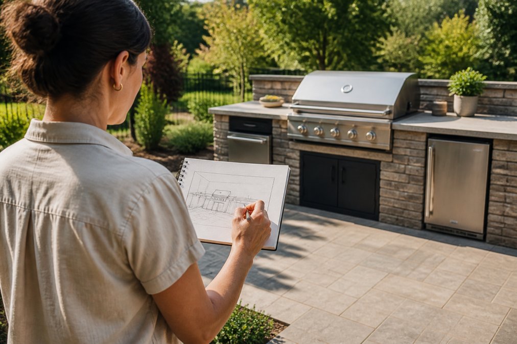 A homeowner sketching a backyard kitchen layout on a notepad while standing on a patio, with a grill and countertop visible in the background