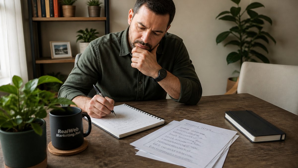 Small business owner reviewing an SEO strategy for beginners on a laptop at a desk with coffee.