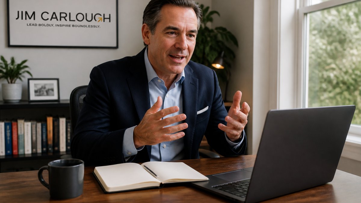 A confident business leader speaking to a laptop camera during a video call in a tidy home office, notebook and coffee nearby, warm natural light, engaged expression