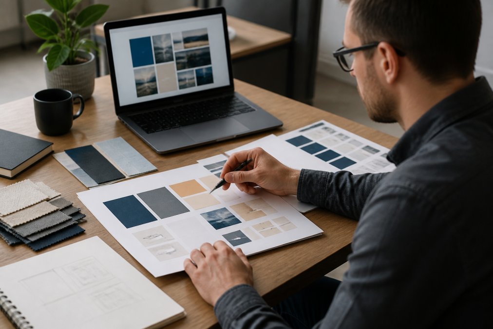 Professional designer or marketing manager working at a desk with printed brand style guide, colour swatches, typography samples, and a laptop displaying brand guidelines