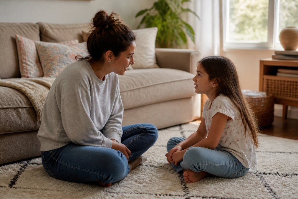 Parent and child having a heartfelt, empathetic conversation to build character while sitting on a living room rug.