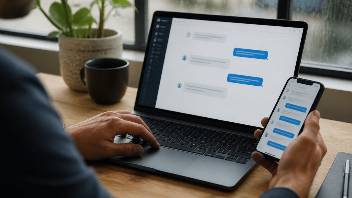 A small business owner at a tidy desk reviewing a chatbot conversation on a laptop screen, with a phone showing a customer chat open beside it