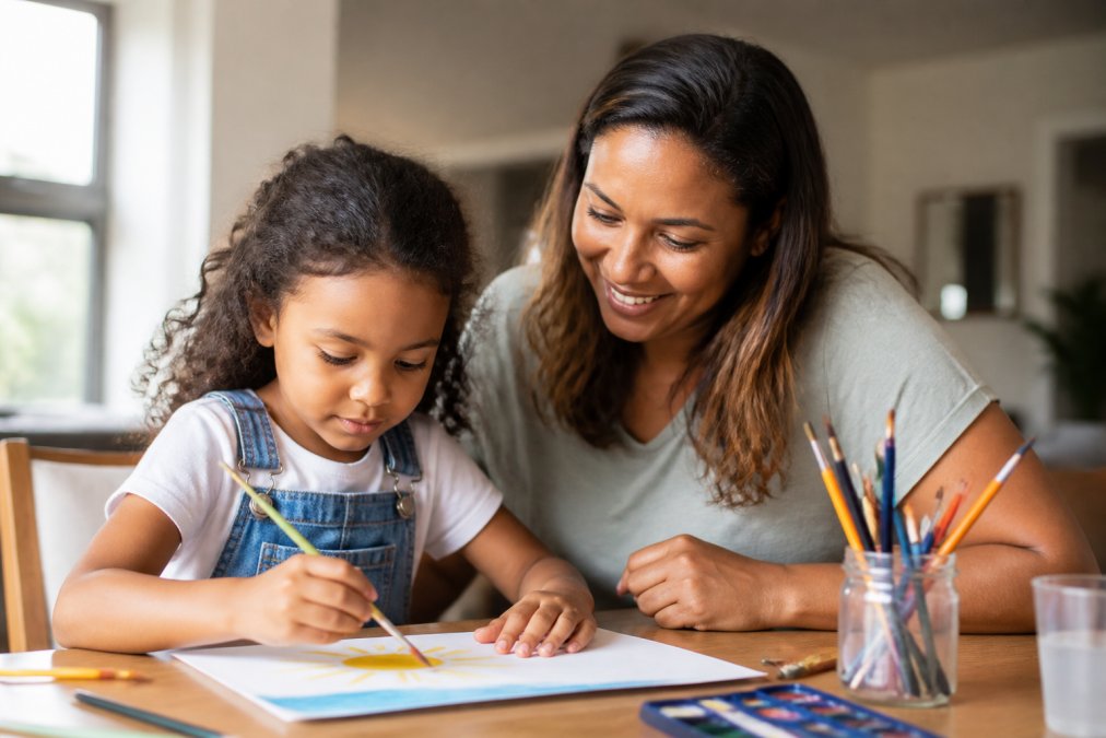 Parent and child working together on a creative art project at a wooden table, child concentrating while painting, warm natural light from window, encouraging smile on parent's face
