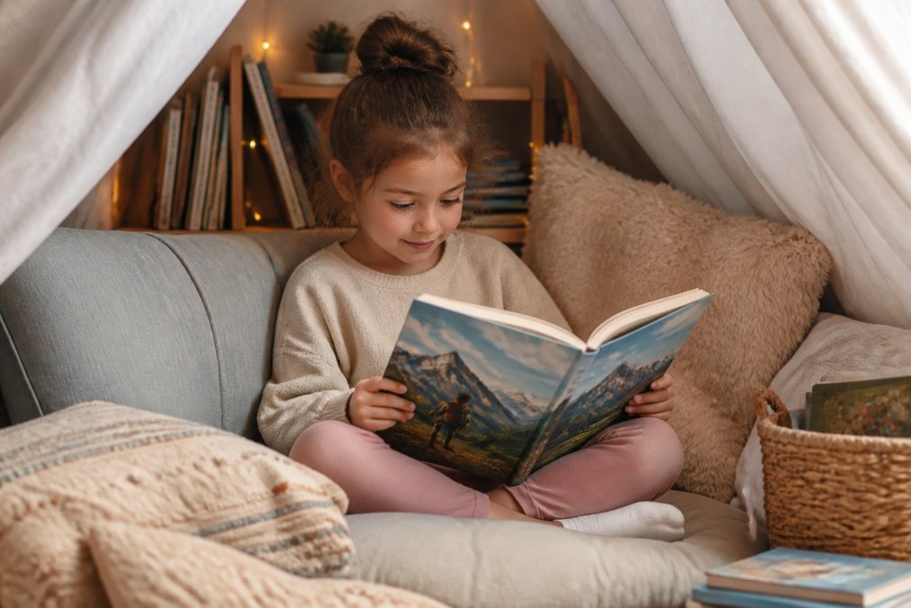 Young child sitting comfortably in a cozy reading nook surrounded by adventure books and soft cushions, holding a book about exploration, peaceful and engaged expression