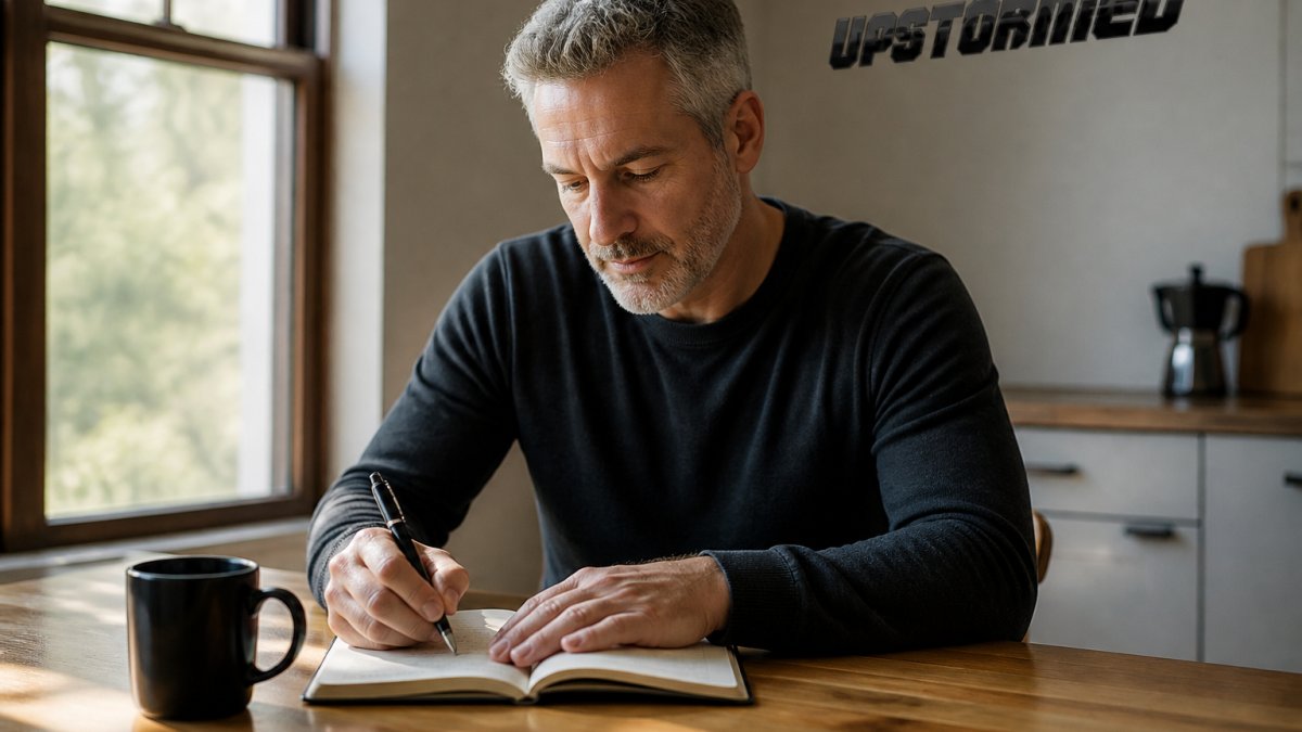 A person in their 40s writing in a journal at a kitchen table in the morning, with coffee and natural light coming through a window