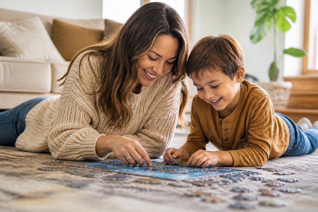 A parent and child sitting on a living room floor doing a puzzle together, both smiling, warm natural light, screen-free activity