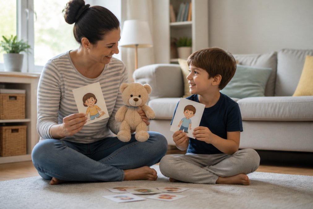 A parent and young child sitting cross-legged on a bright living room floor, smiling as they hold up illustrated story cards and a plush teddy bear together