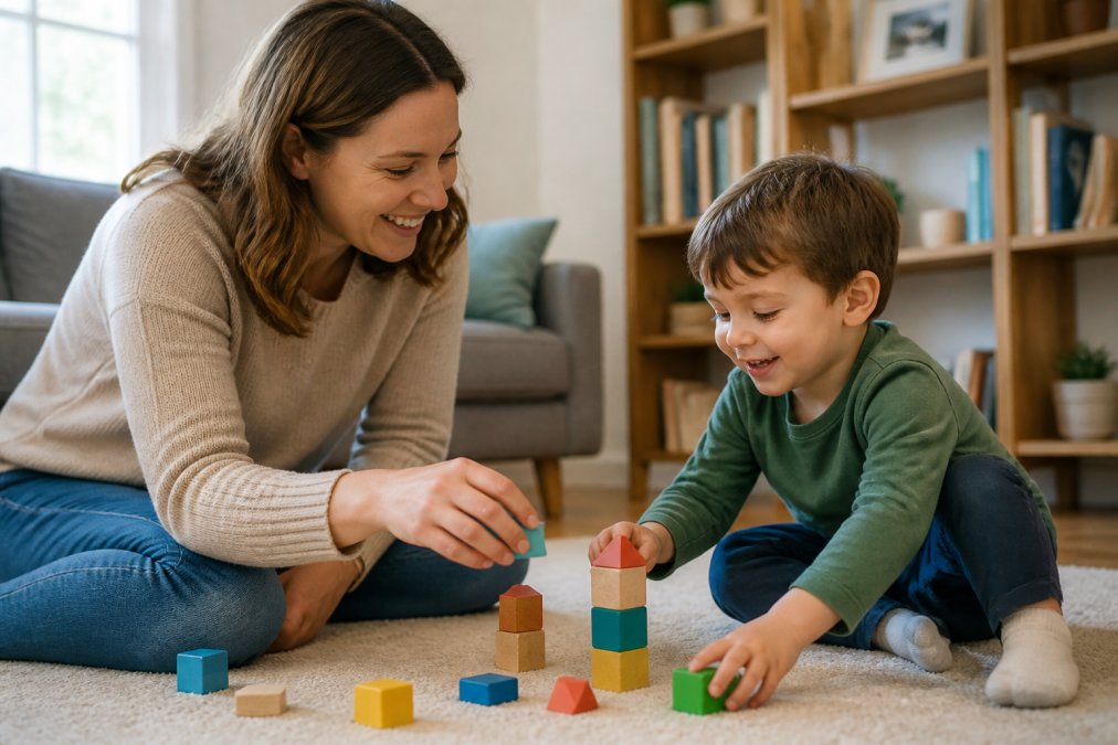 A parent and young child sitting on the floor playing a simple turn-taking game with wooden blocks, both smiling, warm natural light from a window, living room setting with books on a shelf in the background