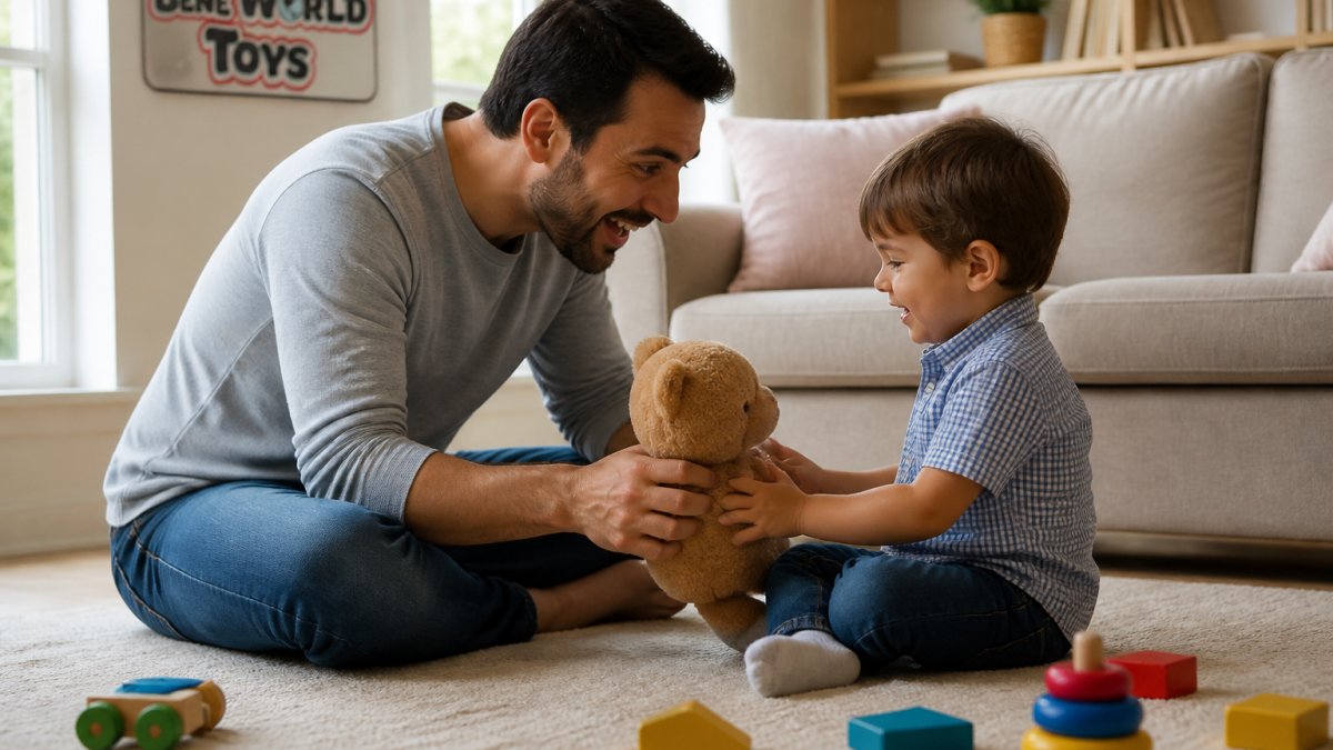 A parent sitting on the floor at eye level with a young child, both engaged in play with a plush toy, warm natural light in a living room