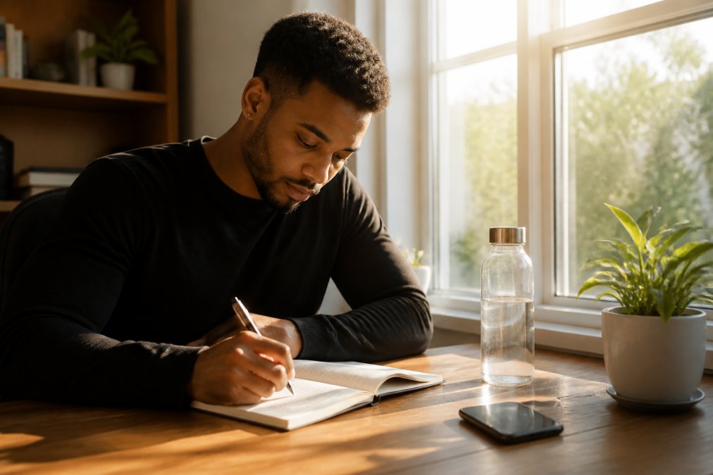 A young professional sitting at a clean, organized desk with a journal open, a water bottle beside it, and a phone placed face-down, warm morning light streaming through a window beside them