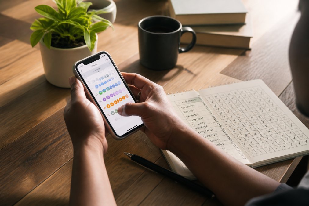 Close-up of a person's hands holding a smartphone with a colorful habit tracking app on screen, a paper habit tracker notebook open beside it on a warm wooden table, soft natural light from the side