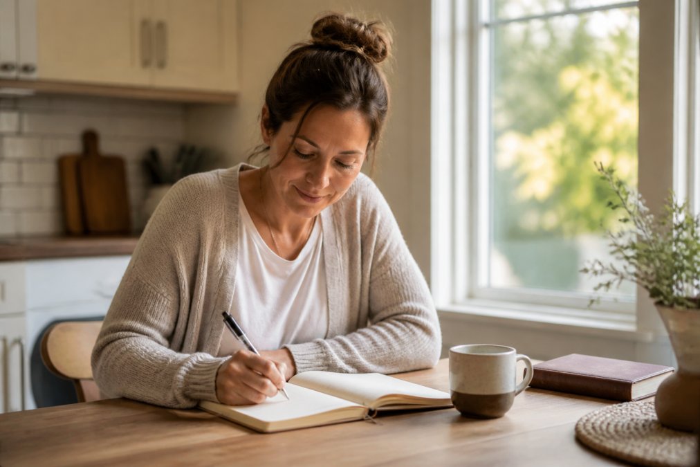 A woman sitting at a kitchen table with an open prayer journal, a pen, and a cup of coffee nearby, morning light coming through a window, warm and peaceful home setting