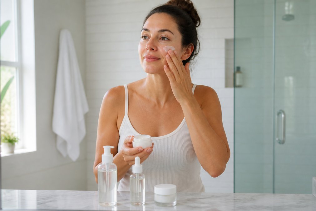 A woman in her thirties standing at a bathroom counter with three skincare products neatly arranged, applying moisturizer in a bright, modern bathroom setting