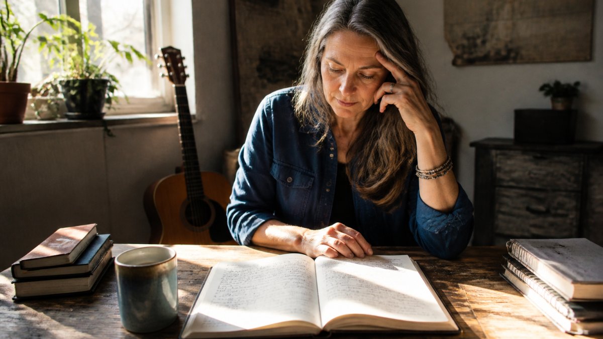 Creative professional over 40 sitting at wooden desk with open sketchbook, coffee mug, and acoustic guitar nearby, morning sunlight streaming through window, focused expression while reviewing handwritten notes