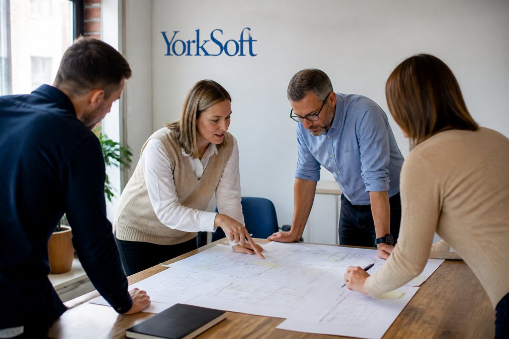 Business team reviewing workflow diagrams and process maps on a large monitor in a modern office setting, natural lighting from windows