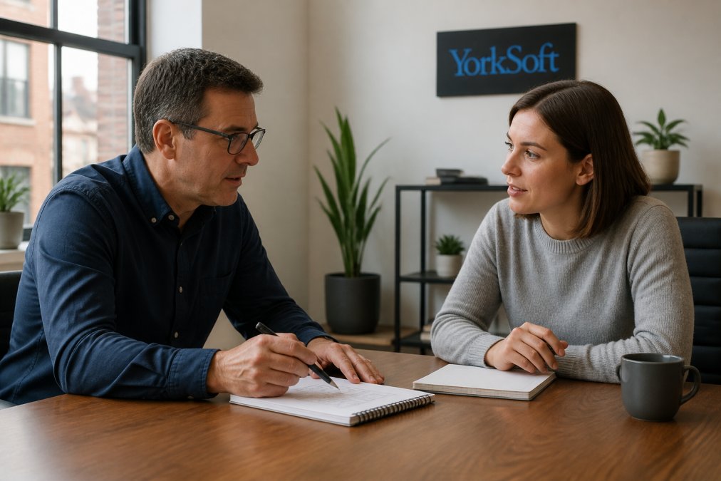 Developer or business consultant meeting with client across desk, reviewing project requirements on laptop in modern office with professional lighting