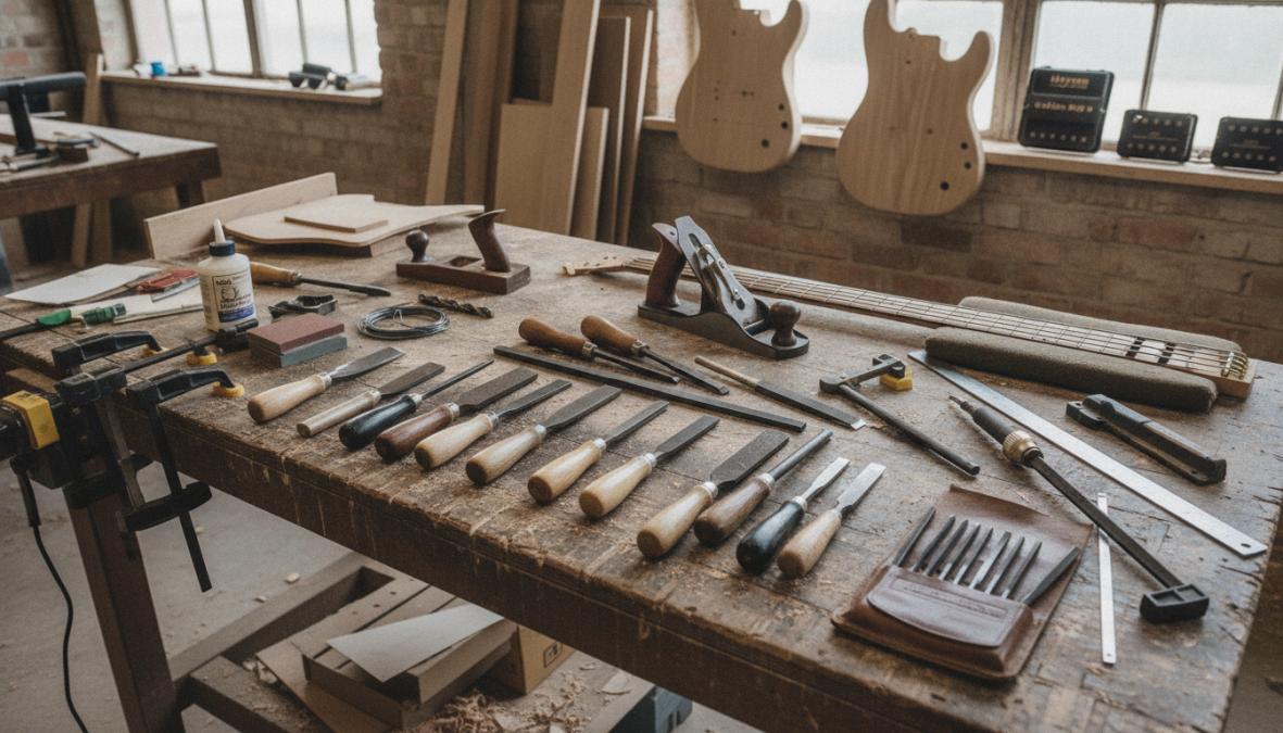 A luthier's workbench with a body blank clamped in a vise, routing jig positioned for neck pocket routing, with dust collection setup and precision measuring tools visible
