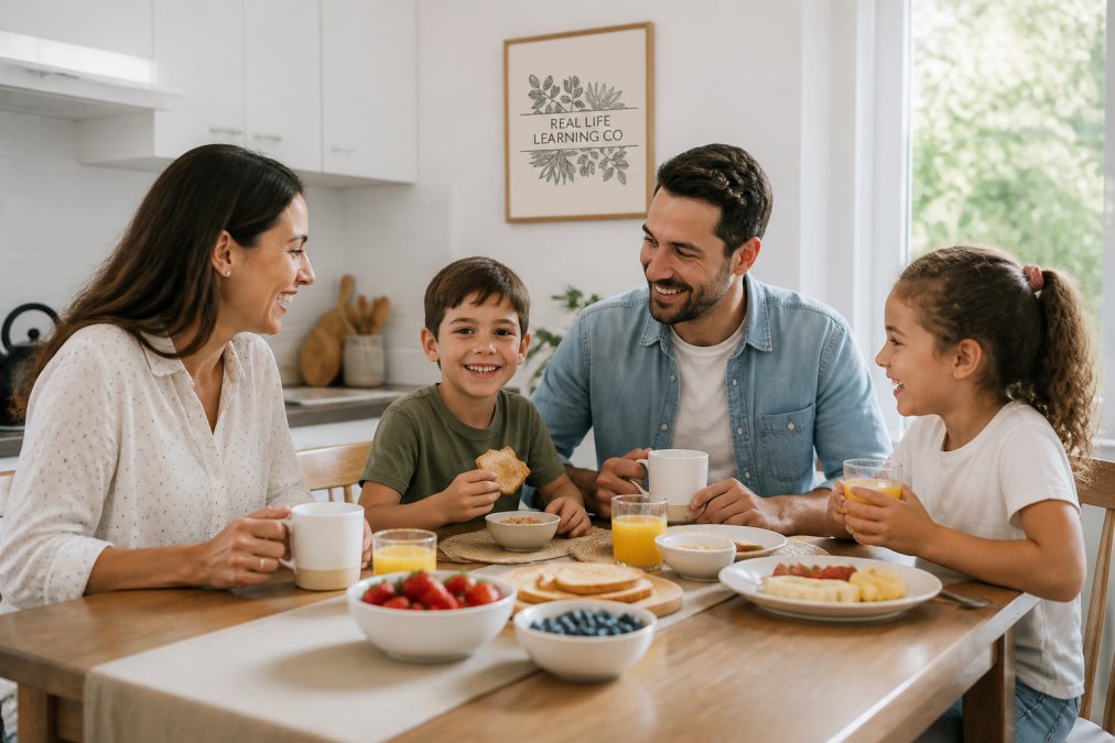 Infographic flowchart visualizing daily family habits during a healthy morning breakfast routine in a bright kitchen