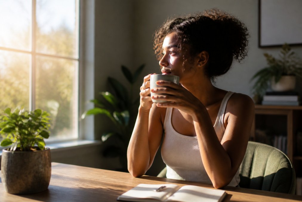 Person sitting at a desk in morning sunlight, hands wrapped around a coffee mug, looking thoughtful and intentional before starting their day, morning light streaming through window