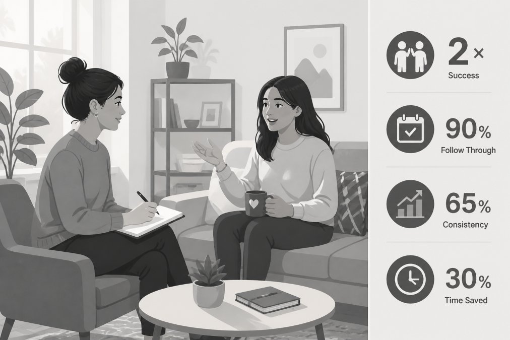 Two people having a supportive conversation in a comfortable living space, one person taking notes while the other speaks, showing accountability partnership in action with warm natural lighting