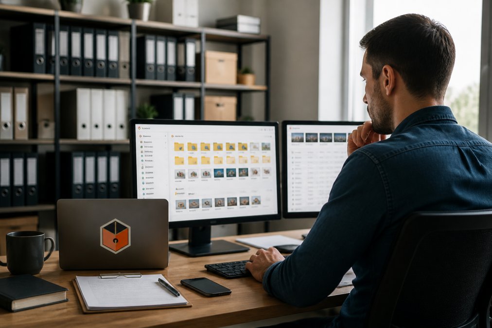 Entrepreneur using a digital dashboard to build digital product inventory on multiple office monitors