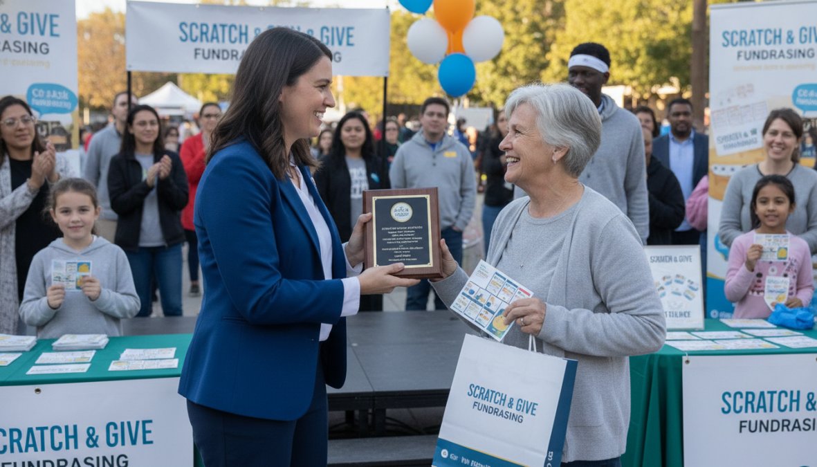 A nonprofit team member presenting a thank-you gift or recognition award to a smiling donor at a community event, with other volunteers in the background