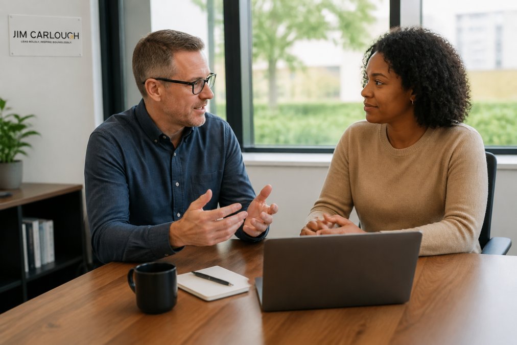 A leader in business casual attire having a supportive one-on-one conversation with a team member in a bright modern office, both seated and engaged, with a laptop on the table
