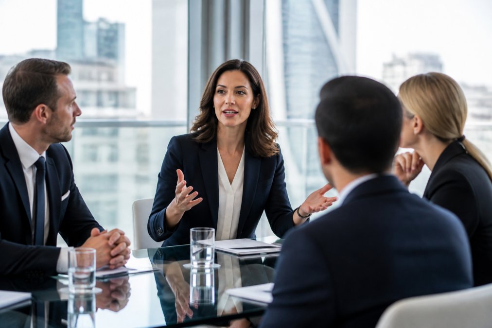 A professional woman in smart business attire speaking confidently at a glass meeting table in a bright London office, colleagues listening attentively around her