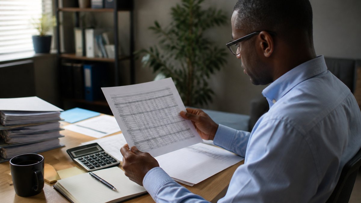 Finance professional at desk reviewing transaction data on multiple monitors, with bank statements and financial reports visible on screen, natural office lighting