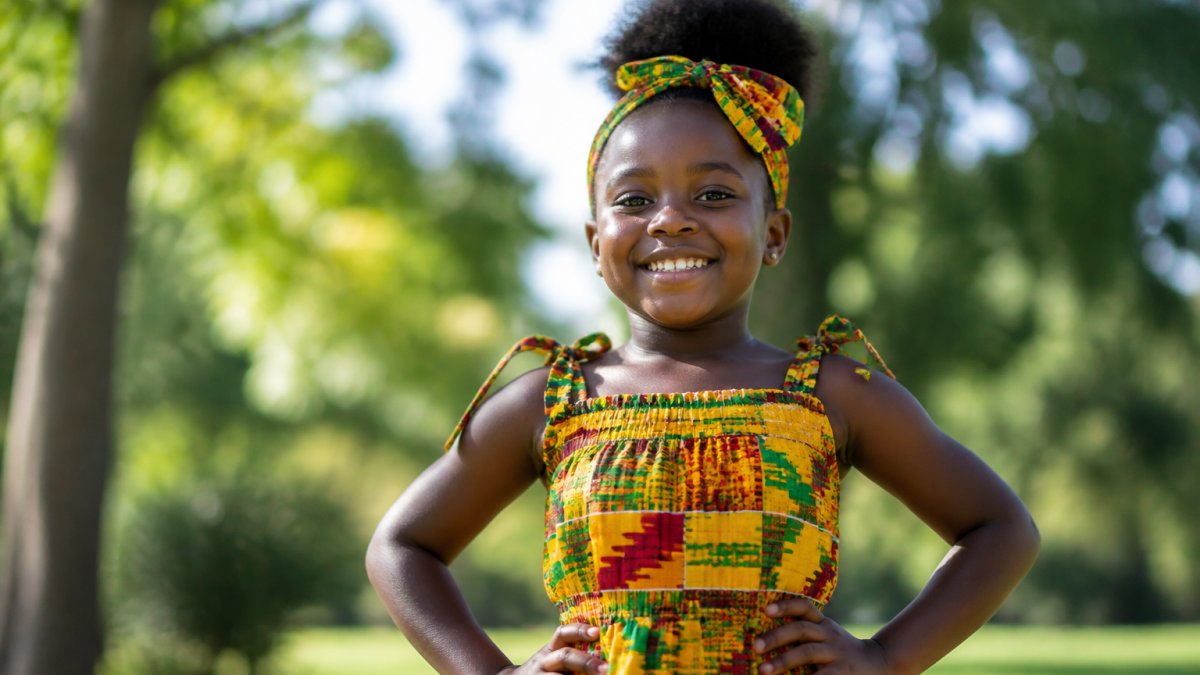 A young Black girl standing in sunlight with hands on her hips, wearing vibrant clothing that celebrates her heritage.