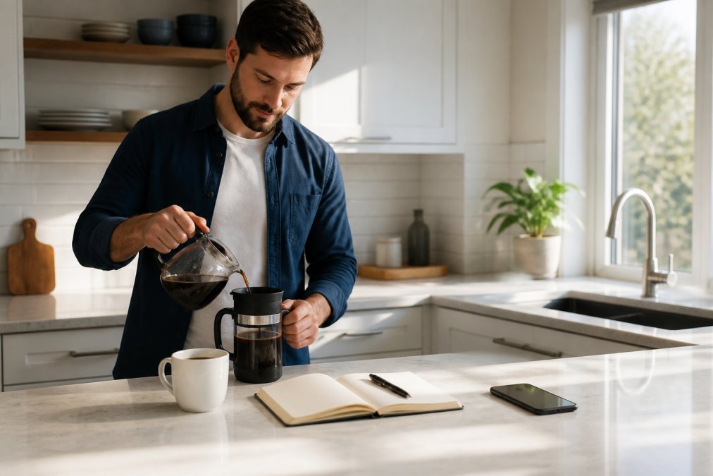 A busy professional in casual work clothes preparing morning coffee in a bright kitchen, with a journal and phone on the counter beside them, suggesting a calm pre-work routine