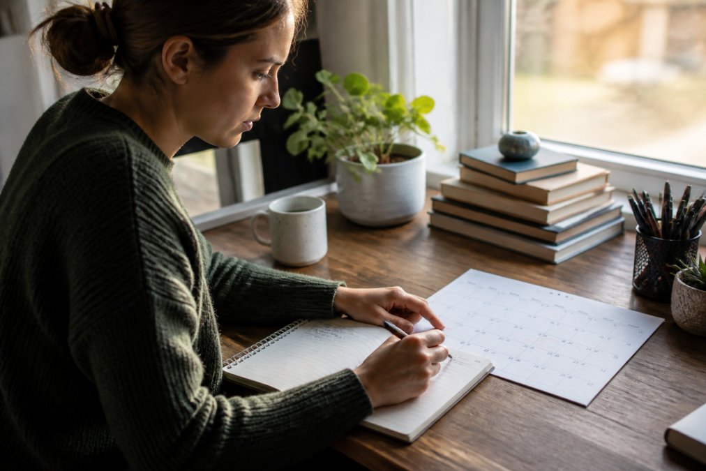 A person sitting at a wooden desk with a notebook open, circling a date on a calendar and writing notes in natural afternoon light, suggesting calm reflection and planning to get back on track